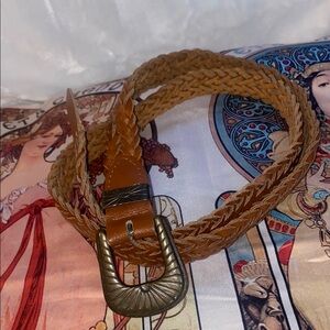 Vintage 90’s- genuine leather-Braided Tan Belt with Brass Buckle - Med- Lg